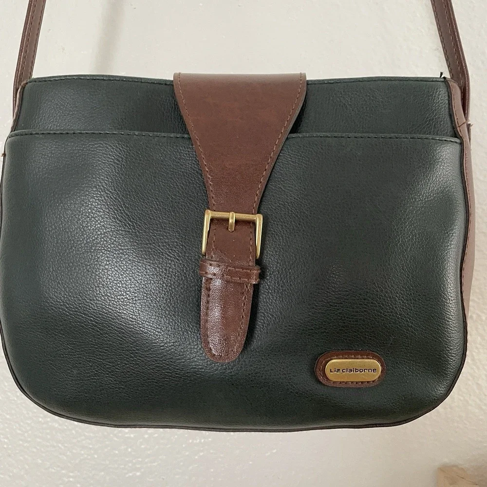Liz Claiborne Compact Crossbody Forest Green Brown‎ Faux Leather Bag